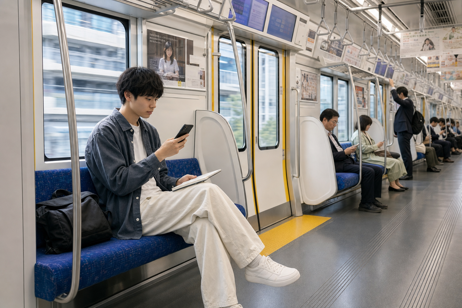電車内でスマートフォンを使って学科試験対策を進める受験生